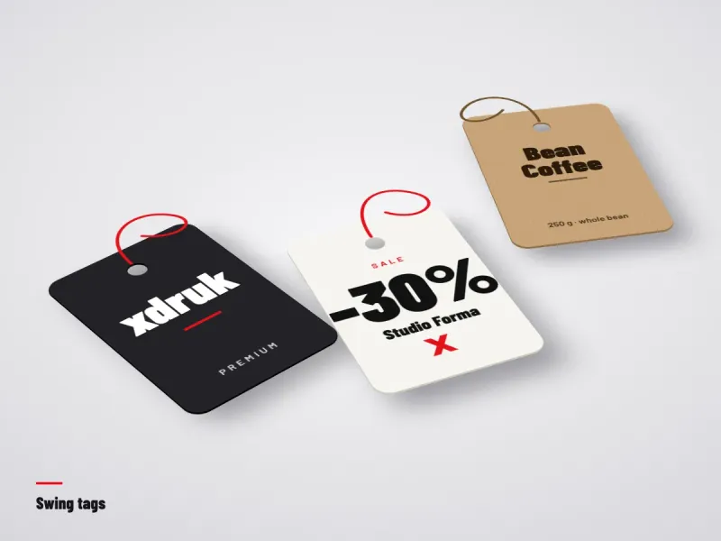 Die-cut swing tags in various shapes tied to candles and jewellery