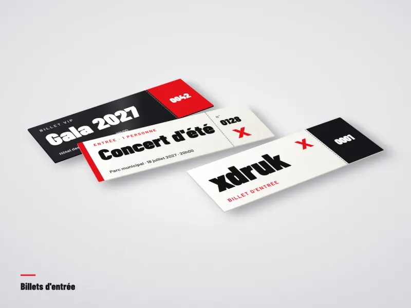 Billets d'entrée en trois formats, une partie encollée en bloc