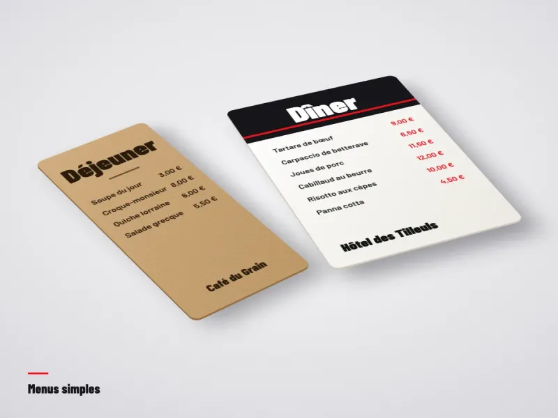 Carte menu A4 à plat posée sur une table de restaurant
