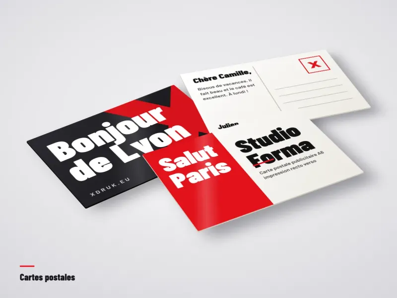 Cartes postales A6 et DL avec photos en couleur posées côte à côte